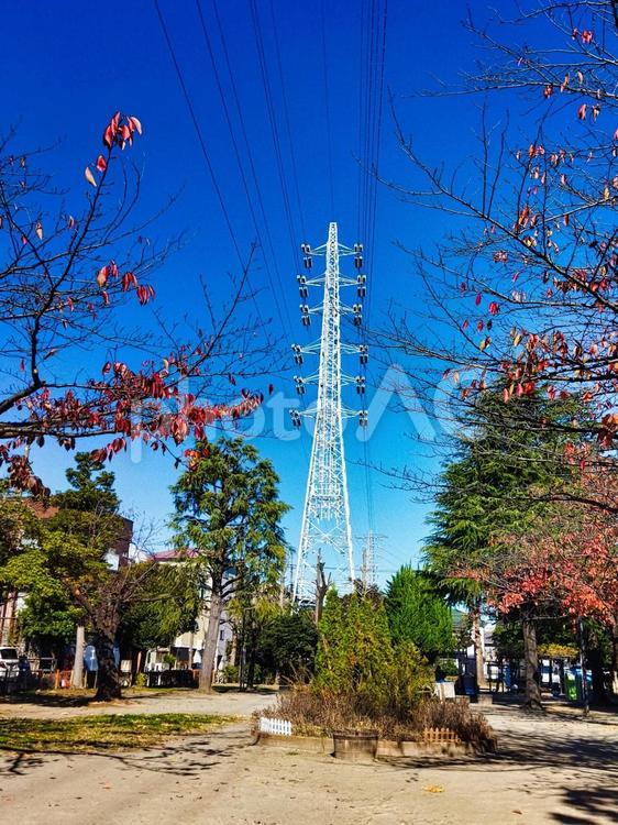 宇喜田東公園と電力送電線 送電線,電力,公園の写真素材