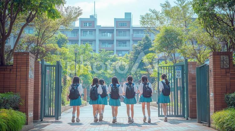 朝の通学風景　校門をくぐる生徒達 登校,校門,通学の写真素材