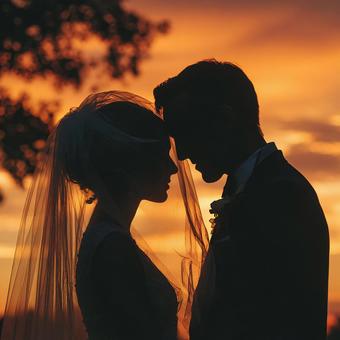 夕焼けにシルエットが浮かび上がる新郎新婦 夕焼けにシルエットが浮かび上がる新郎新婦の写真