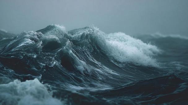 暗い海に立つ荒々しい波と水しぶきの写真