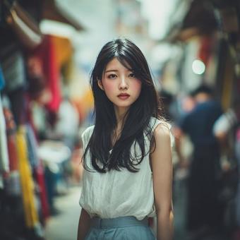 街角のたたずまい：自然な表情の若い女性の写真