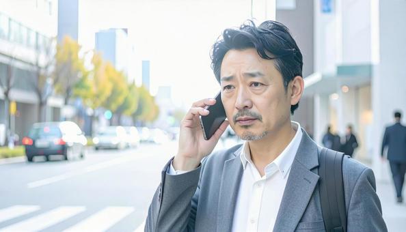 困った表情で電話する中年 困った表情で電話する中年の写真