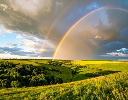 虹がかかる大草原と青空の風景写真 虹がかかる大草原と青空の風景写真の写真