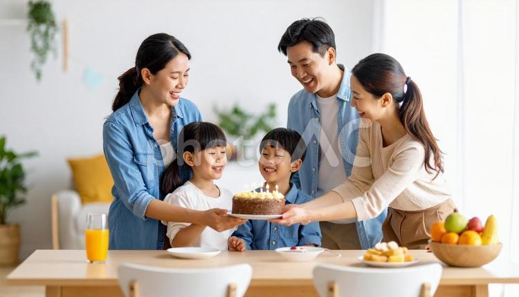 誕生日パーティーをする家族 パーティー,キャンドル,お祝いの写真素材