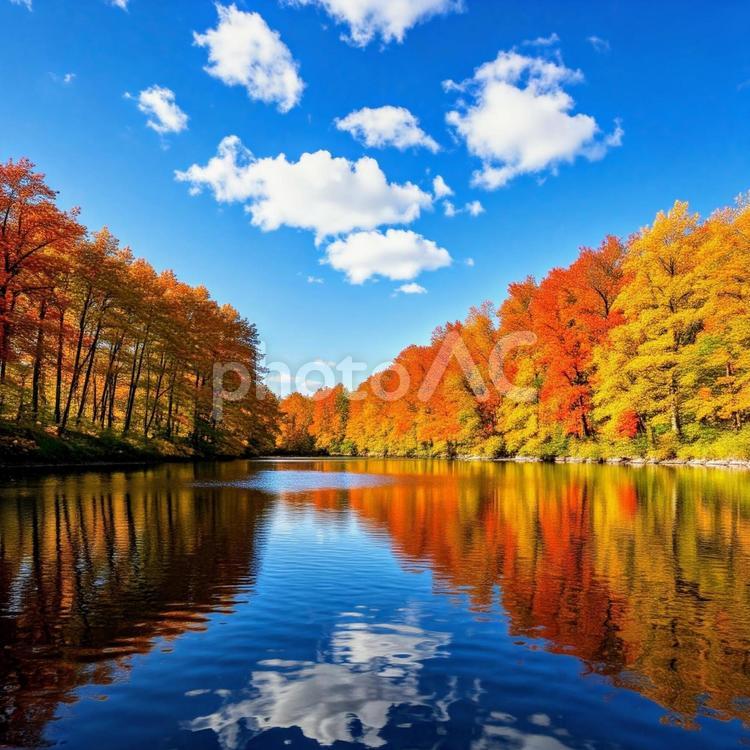 青空の下紅葉が映える景色 紅葉,もみじ,秋の写真素材