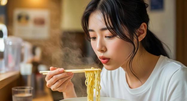 熱々ラーメンを食べる女性の飲食シーンの写真