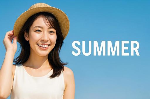 青空と笑顔の女性「SUMMER」文字入り 青空と笑顔の女性「SUMMER」文字入りの写真
