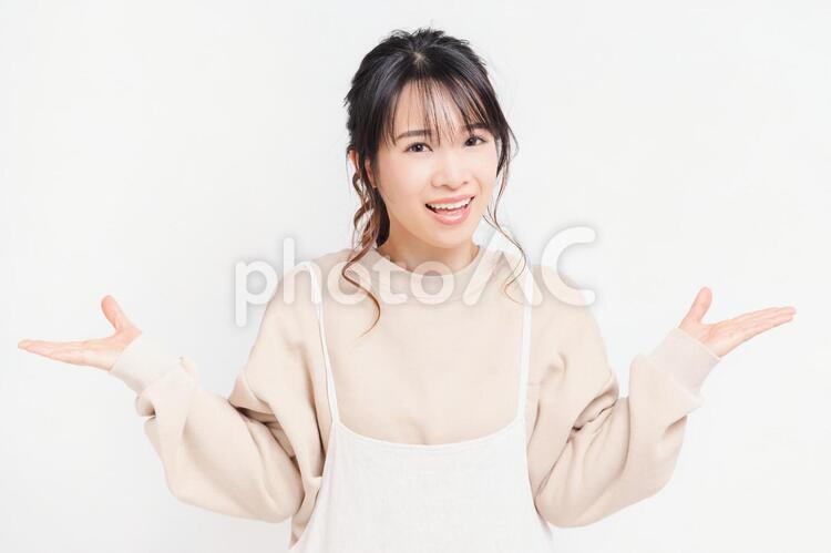 案内のジェスチャーをする若い女性 女性,案内,ジェスチャーの写真素材
