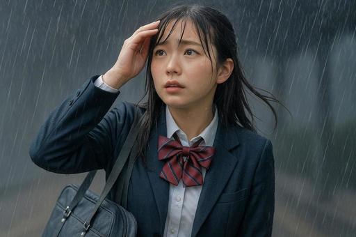 突然の雨に打たれる女子高生 突然の雨に打たれる女子高生の写真