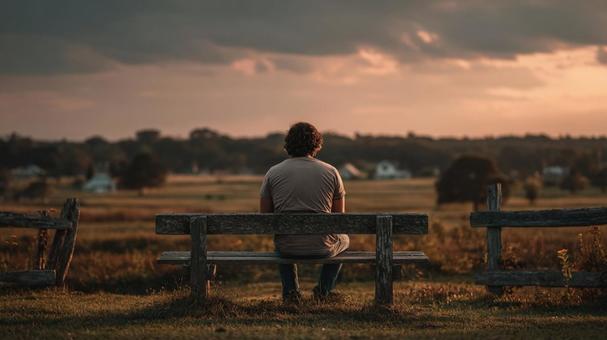 夕日の草原で木のベンチに座る男性の後ろ姿 夕日の草原で木のベンチに座る男性の後ろ姿の写真