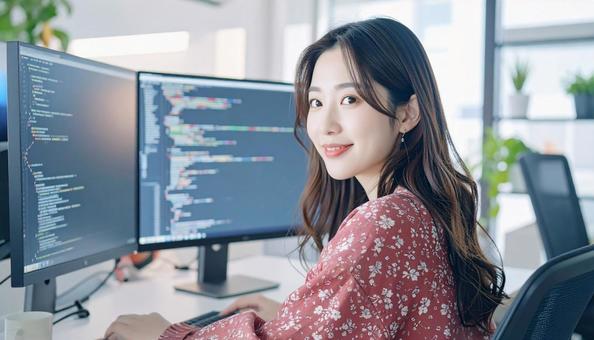 プログラミングをする女性エンジニア プログラミングをする女性エンジニアの写真