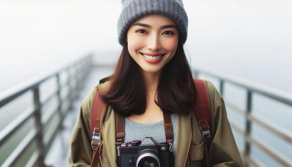 秋 山の展望台で微笑む若い女性 秋 山の展望台で微笑む若い女性の写真