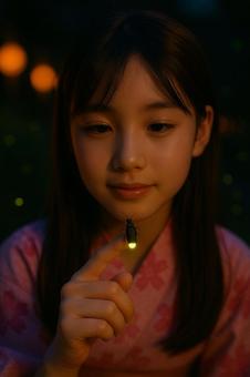 指先にとまった螢を見つめる少女 指先にとまった螢を見つめる少女の写真