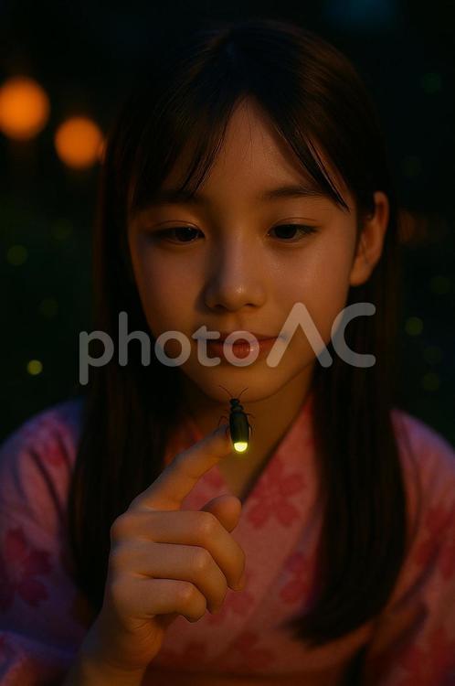 指先にとまった螢を見つめる少女 螢,初夏,指先の写真素材