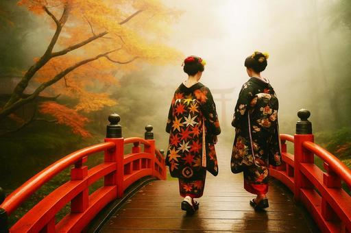 渡橋に着物女性の二人の写真