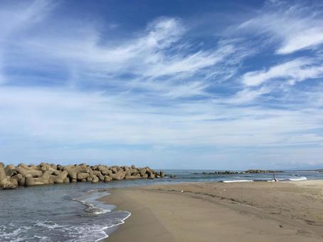 湯野浜海岸 砂浜 空と海 湯野浜海岸 砂浜 空と海 空,雲,日本海の写真素材