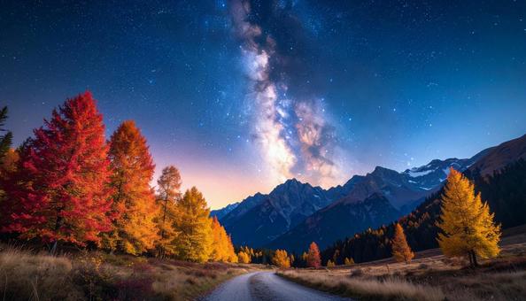 山岳紅葉と天の川の絶景 山岳紅葉と天の川の絶景の写真