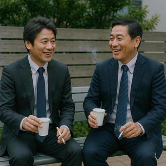 ベンチで一服する上司部下 ベンチで一服する上司部下の写真