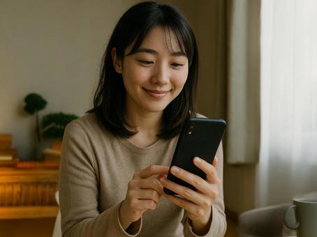 スマホを見てほほ笑む女性 スマホを見てほほ笑む女性の写真