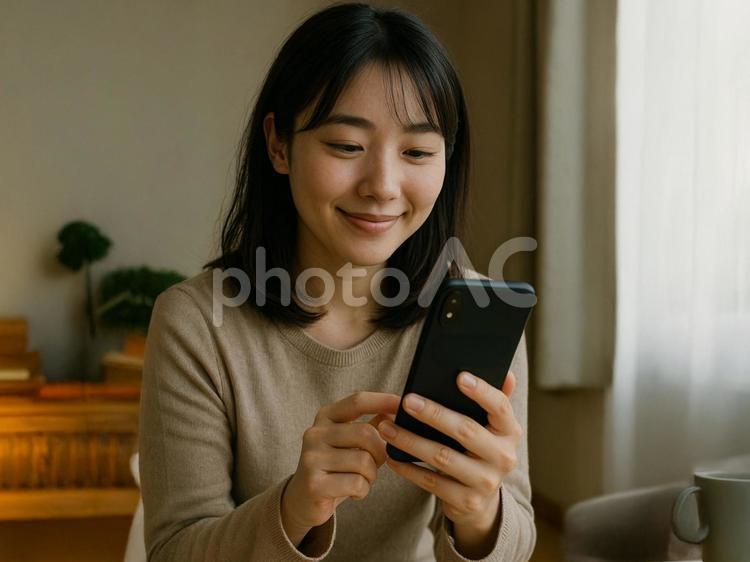 スマホを見てほほ笑む女性 スマートフォン,女性,若い女性の写真素材