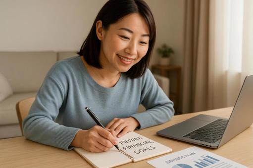 ノートに未来の目標を書く女性投資家 ノートに未来の目標を書く女性投資家の写真