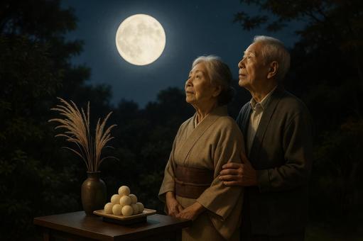 お供えを終えて満月を見上げる老夫婦 お供えを終えて満月を見上げる老夫婦の写真