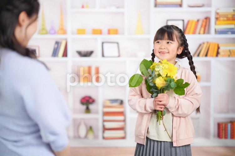 黄色の花束を母にプレゼントする娘 女の子,女性,母娘の写真素材