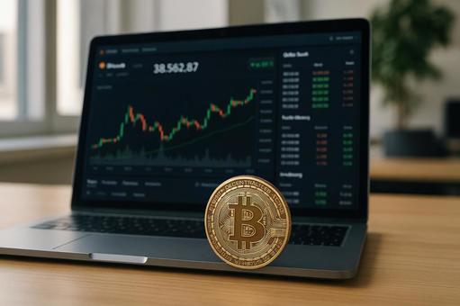 取引所画面とビットコイン 取引所画面とビットコインの写真