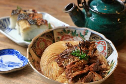 長浜の郷土料理の焼鯖そうめん 食べ物,料理,和食の写真素材