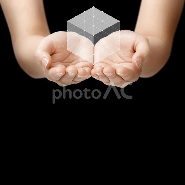 何かを受け取るような女性の手 両手,黒バック,手の平の写真素材