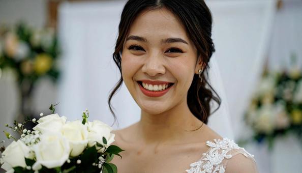 ウェディングドレスを着た20代日本人女性 ウェディングドレスを着た20代日本人女性の写真