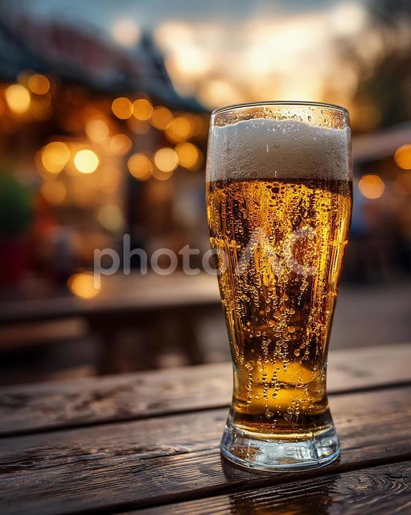 テーブルに置かれた、黄金色のビールグラス ビール,グラス,泡の写真素材