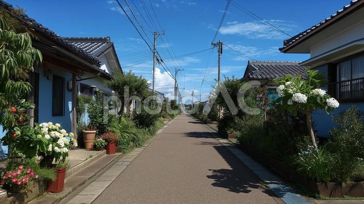 晴れた田舎の住宅街 住宅街,道,通りの写真素材