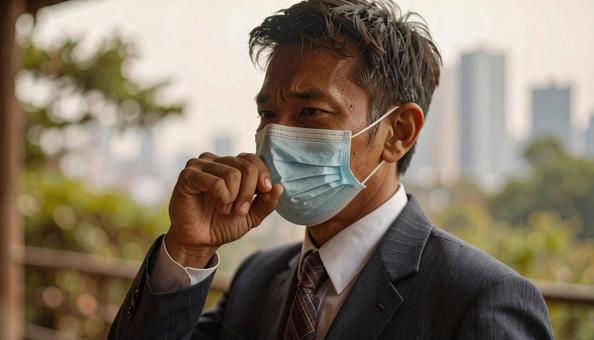 マスクをして咳をするビジネスマン マスクをして咳をするビジネスマンの写真