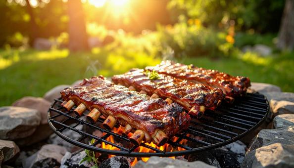 バーベキューの網で焼かれる骨付き牛カルビの写真