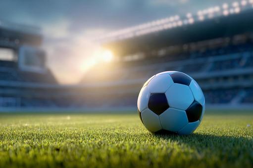 試合を待つサッカーボールと広がるピッチ 試合を待つサッカーボールと広がるピッチの写真