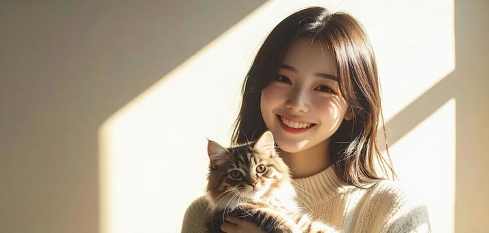 猫を抱く女性 猫を抱く女性の写真