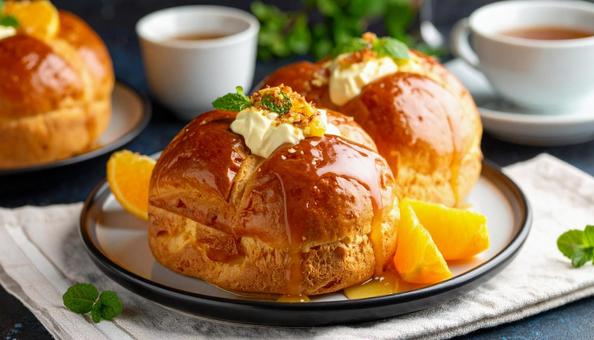 美味しそうなオレンジとクリームのサバラン 美味しそうなオレンジとクリームのサバランの写真