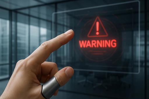 金属光沢の指先と警告ホログラムの写真