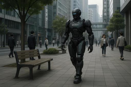 未来都市を歩く警備ロボット 未来都市を歩く警備ロボットの写真