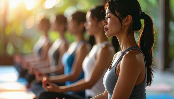 ヨガで呼吸する女性の写真