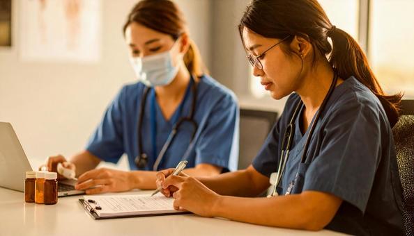 薬剤投与を二重チェックする看護師二人 薬剤投与を二重チェックする看護師二人の写真