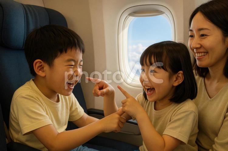 機内で窓側席を取り合う日本人の子どもたち 機内,子ども,日本人の写真素材