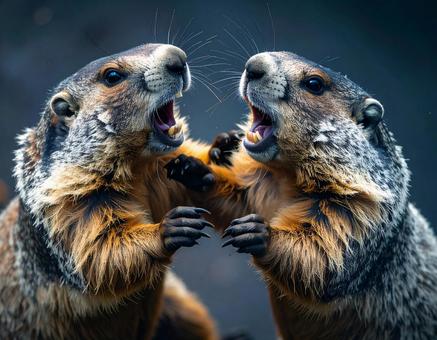 喧嘩して威嚇しあうマーモットの写真