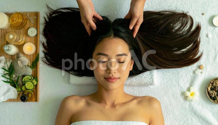エステサロンでマッサージを受ける女性 ヘッドスパ,ボディマッサージ,サロンの写真素材