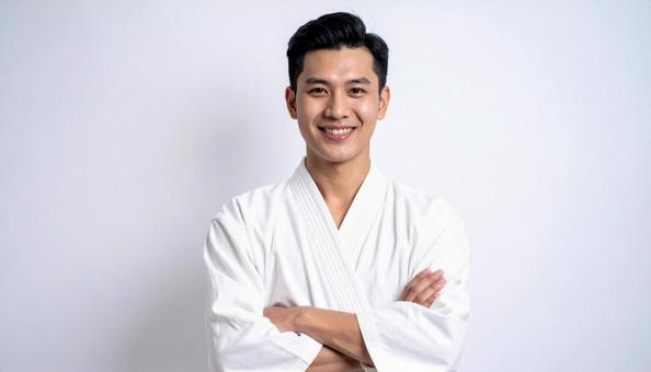Portrait of a smiling man in karate uniform with his arms crossed, male, asian, japanese, JPG