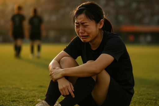 涙を流す女子サッカー選手 涙を流す女子サッカー選手の写真