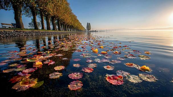 水面に映る美しい秋景色 水面に映る美しい秋景色の写真