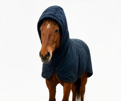 フードを着た冬の馬の写真(正面) フードを着た冬の馬の写真(正面)の写真