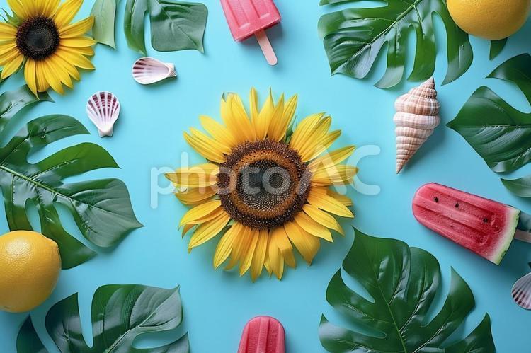 向日葵とスイカとアイスの夏イメージ 夏,向日葵,貝殻の写真素材